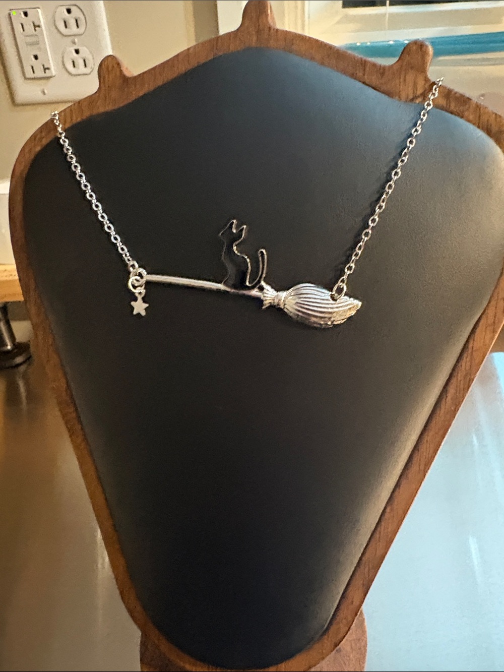 Silver Cat on Broomstick Necklace - Silver Charm Pendant